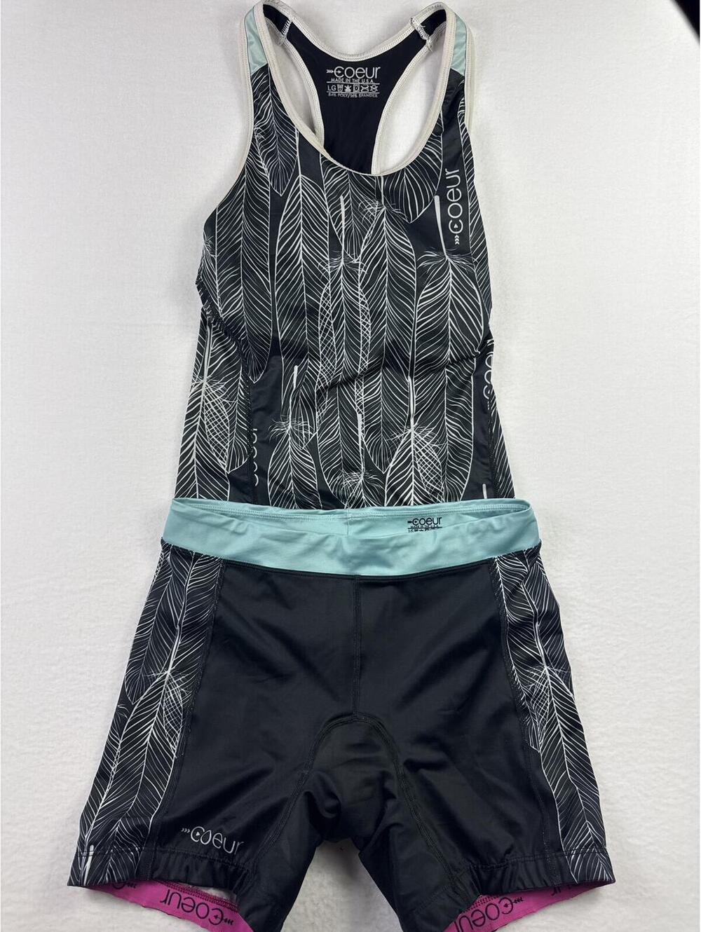 Coeur Women's Sleeveless Cycling Tri Suit Black Leaf Print Size L